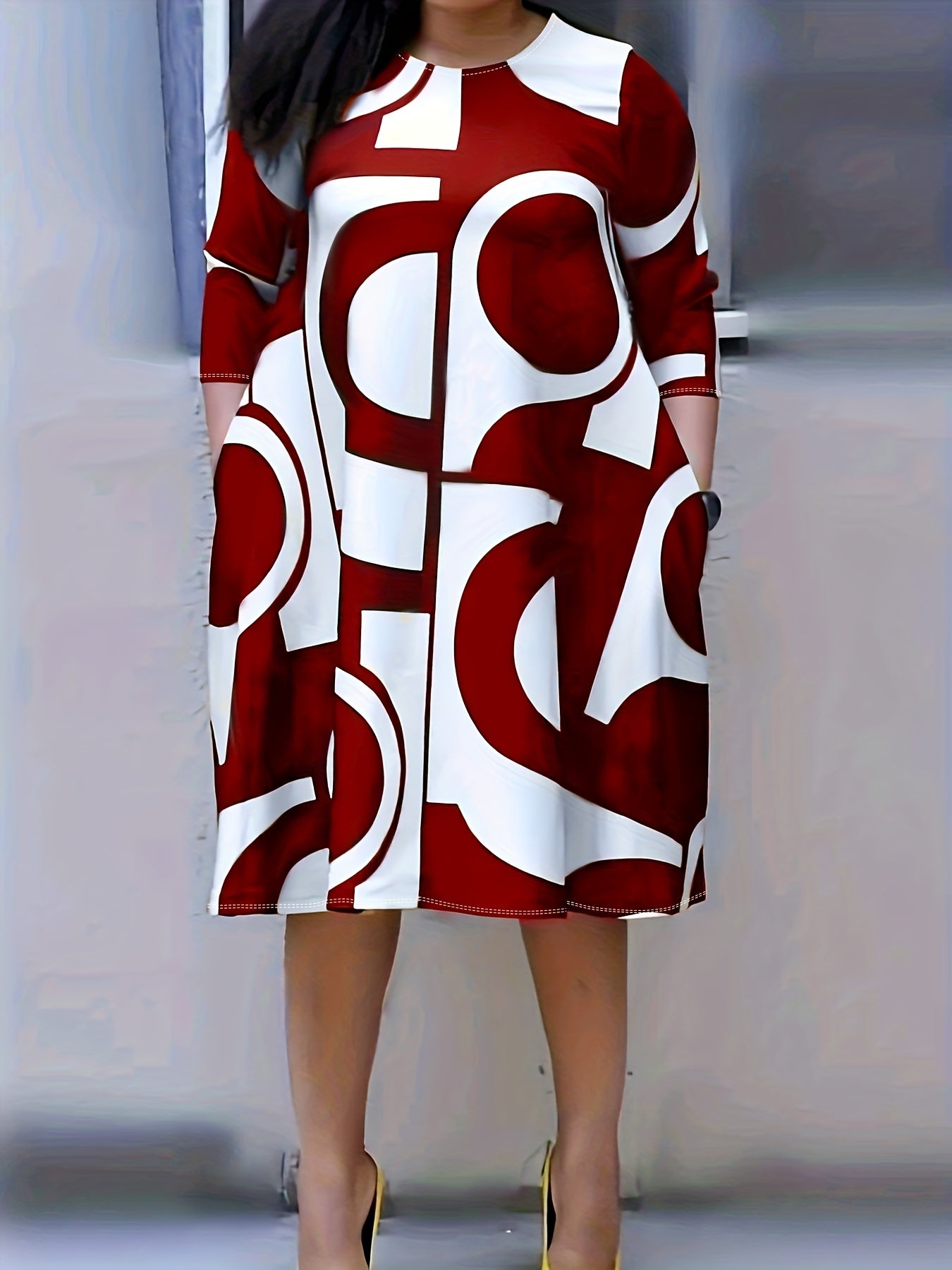 Antmvs Plus Size Elegant Dress, Women's Plus Geometric Print Half Sleeve Round Neck Loose Fit Dress