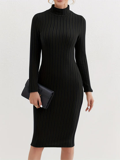 Antmvs Ribbed High Neck Dress, Elegant Solid Long Sleeve Bodycon Dress, Women's Clothing