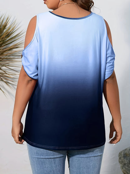 Antmvs Plus Size Casual T-shirt, Women's Plus Ombre Print Button Decor Cold Shoulder Round Neck Slight Stretch Top