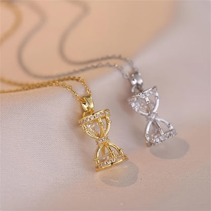 Exquisite Fashionable and Light Luxury Style Shiny Zircon Decorated Hourglass Pendant Necklace Versatile for Everyday Use The First Choice Holiday Birthday Gift for Girls and Women