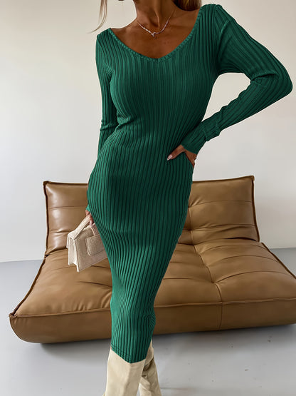 Antmvs Ribbed Solid Bodycon Dress, Elegant V Neck Long Sleeve Dress, Women's Clothing