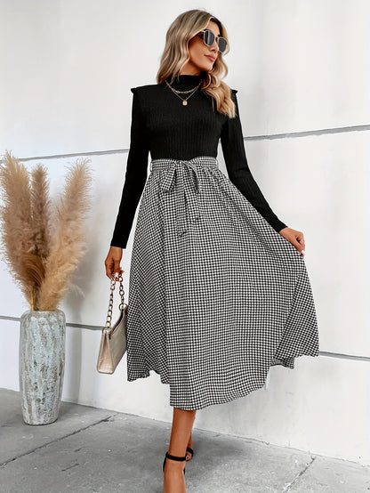 Antmvs Houndstooth Print Splicing Dress, Elegant Mock Neck Long Sleeve Dress, Women's Clothing