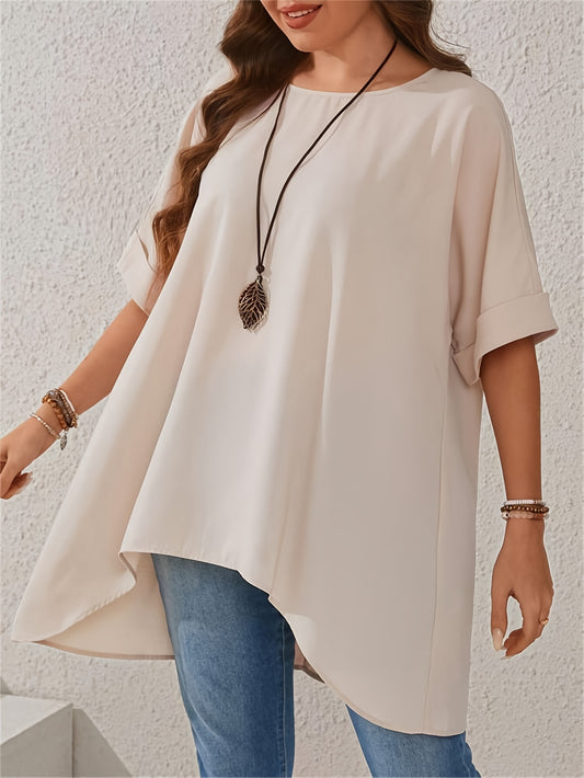 Plus Size Fashion Blouse - Unique Irregular Hem Design, Effortlessly Casual and Relaxed Fit, Vibrant Solid Color, Classic Crew Neck Style, Comfortable Short Sleeves - Perfect for Spring Season, Designed for Women with Plus Size Figures