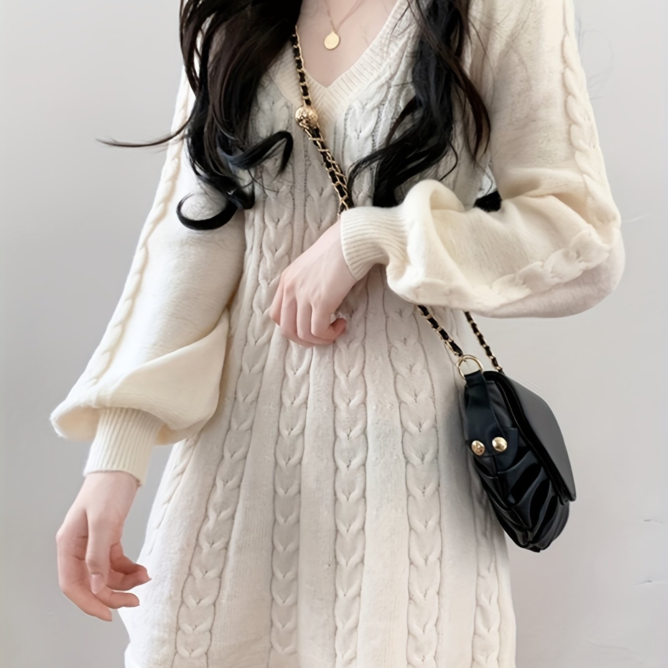 Antmvs Solid Cable Knit Dress, Elegant V Neck Lantern Long Sleeve Dress, Women's Clothing