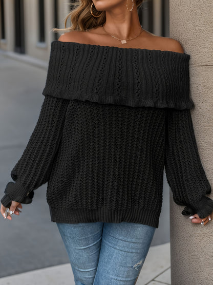 Antmvs Plus Size Casual Sweater, Women's Plus Solid Long Sleeve Off Shoulder Layered Jumper