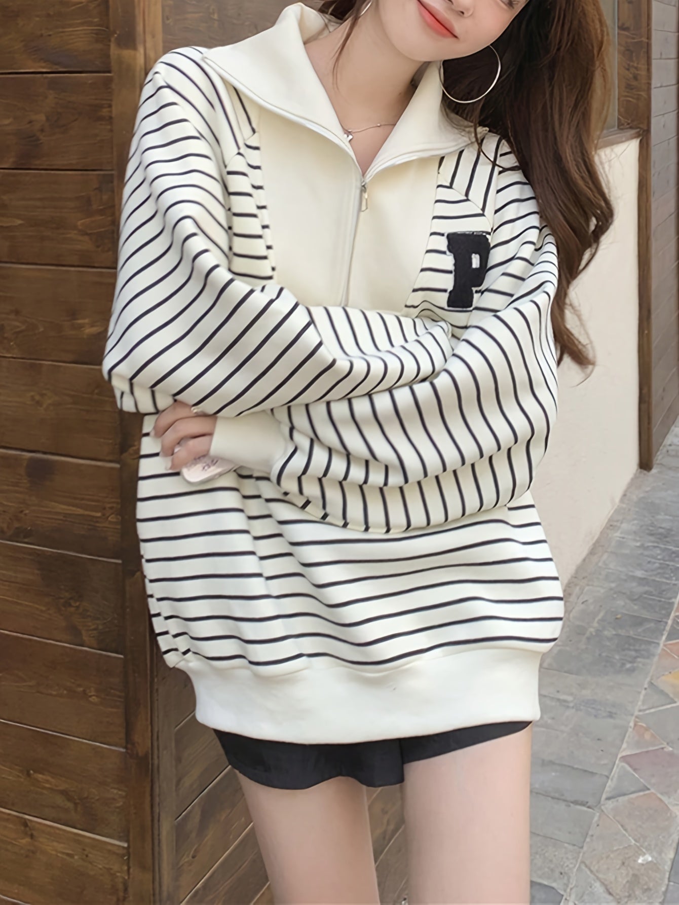 Antmvs Letter Patch Striped Print Sweatshirt, Casual Long Sleeve Quarter Zip Sweatshirt For Fall & Winter, Women's Clothing