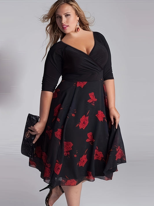 Antmvs Plus Size Elegant Dress, Women's Plus Floral Print Half Sleeve Surplice Neck Contrast Mesh Dress