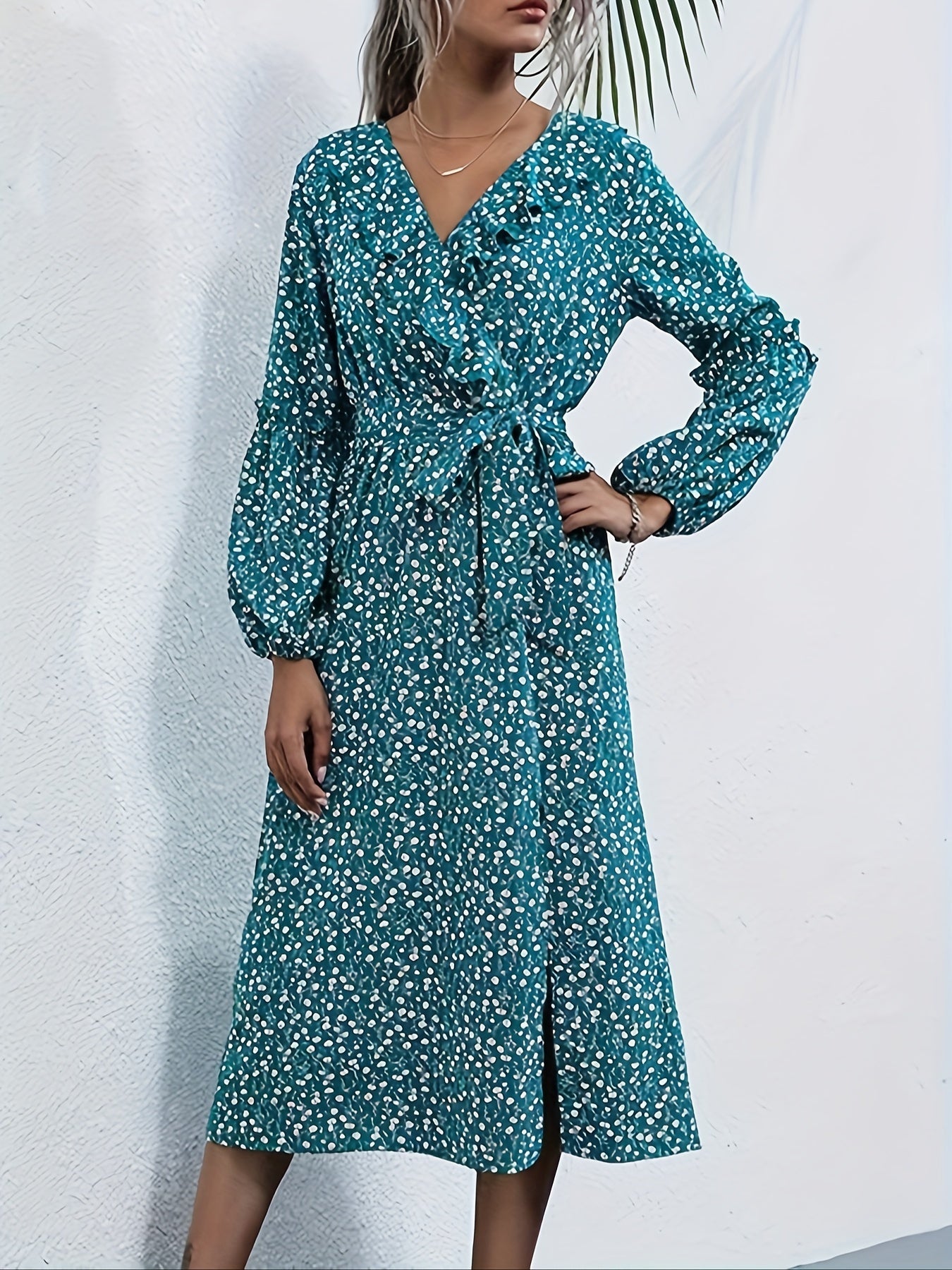 Antmvs Allover Print Ruffle Trim Dress, Elegant V Neck Long Sleeve Midi Dress, Women's Clothing