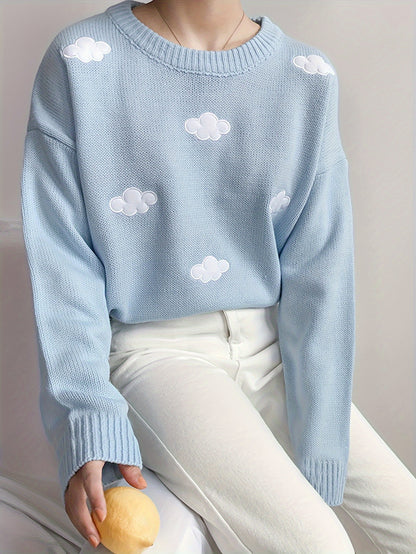 Antmvs Preppy Cloud Pattern Sweater, Long Sleeve Casual Cute Sweater For Winter & Fall, Women's Clothing