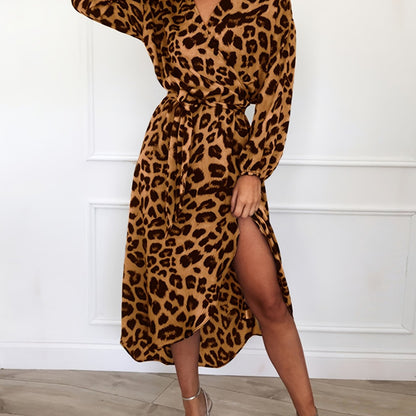 Antmvs Leopard Print V Neck Long Sleeve Dress, Mature Irregular Split High Waist Maxi Dress, Women's Clothing