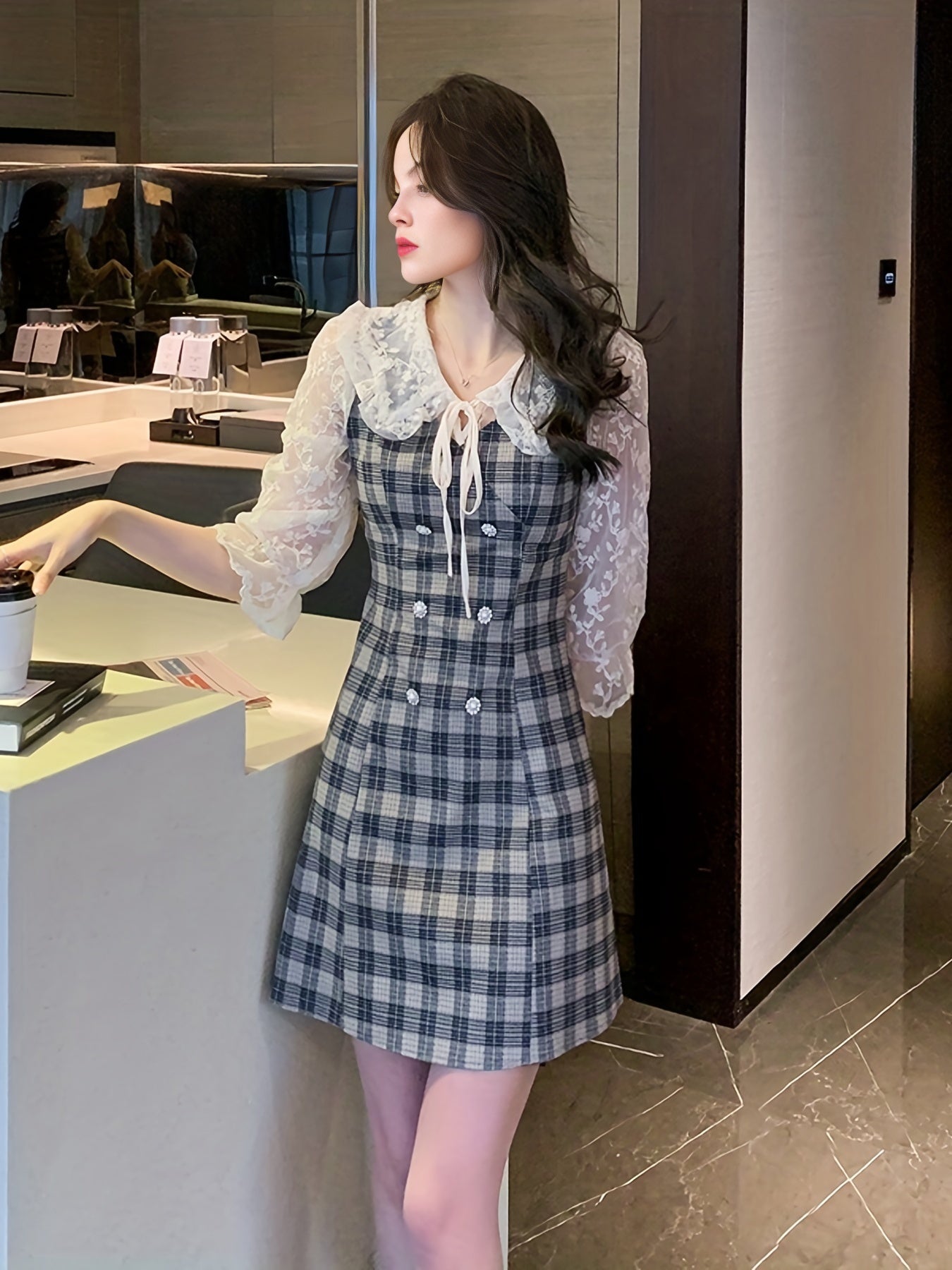 Antmvs Plaid Print Contrast Lace Dress, Elegant Bodycon Tie Front A Line Dress, Women's Clothing