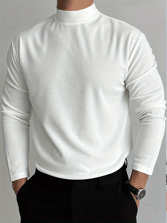 Antmvs Solid Comfy Men's Slim Fit Knitted Long Sleeve Turtleneck Bottoming Shirt, Men's Fleece Warm Top, Fall Winter