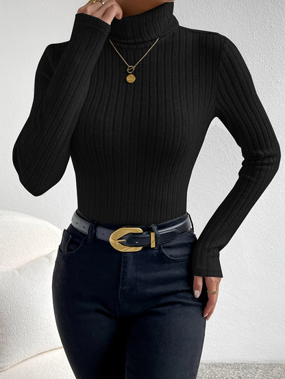 Antmvs Ribbed Solid Turtleneck T-Shirt, Casual Long Sleeve Top For Spring & Fall, Women's Clothing