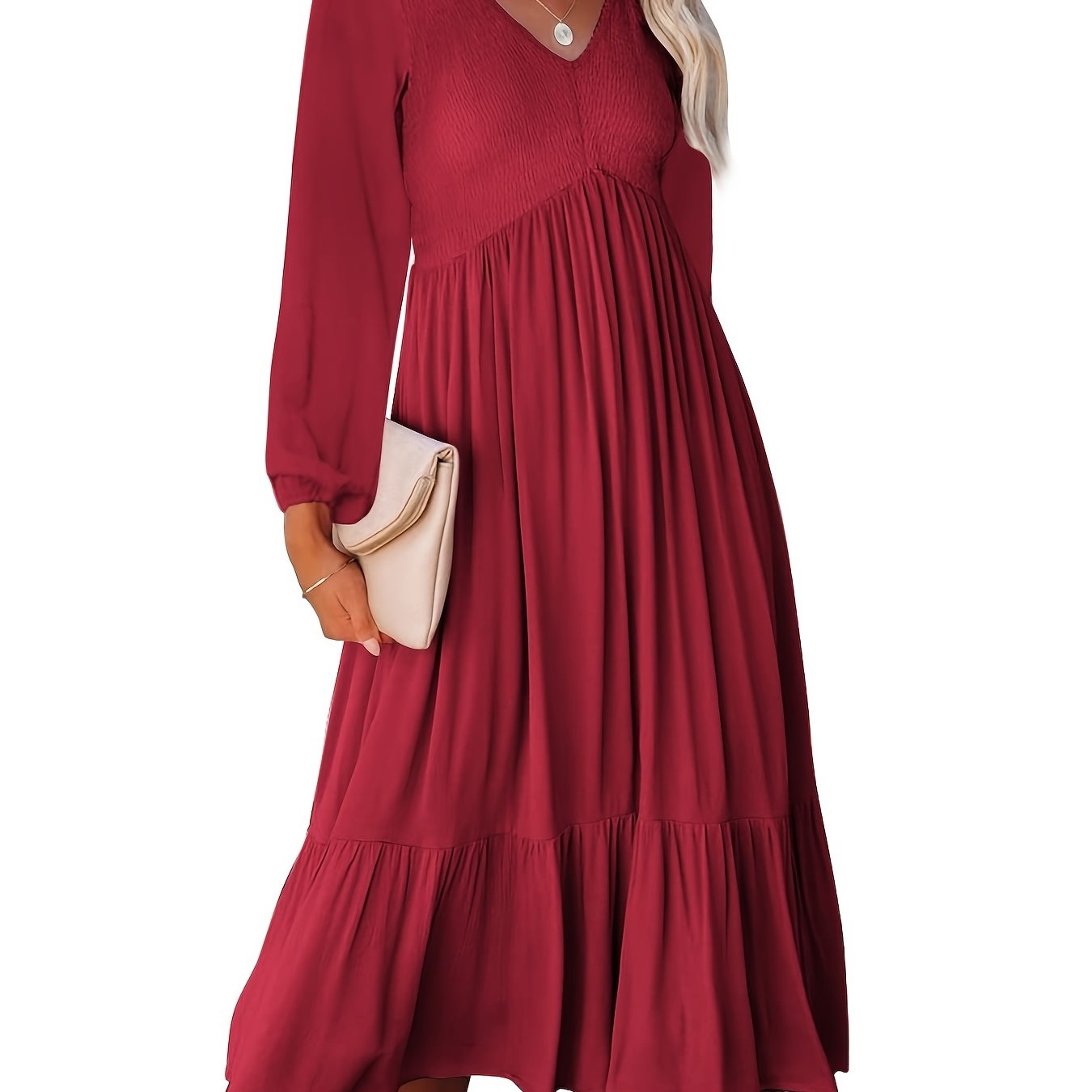 Antmvs Casual Solid Draped Midi Dress, Sexy Long Sleeve V-neck Loose Flowy Swing Babydoll Dresses, Women's Clothing