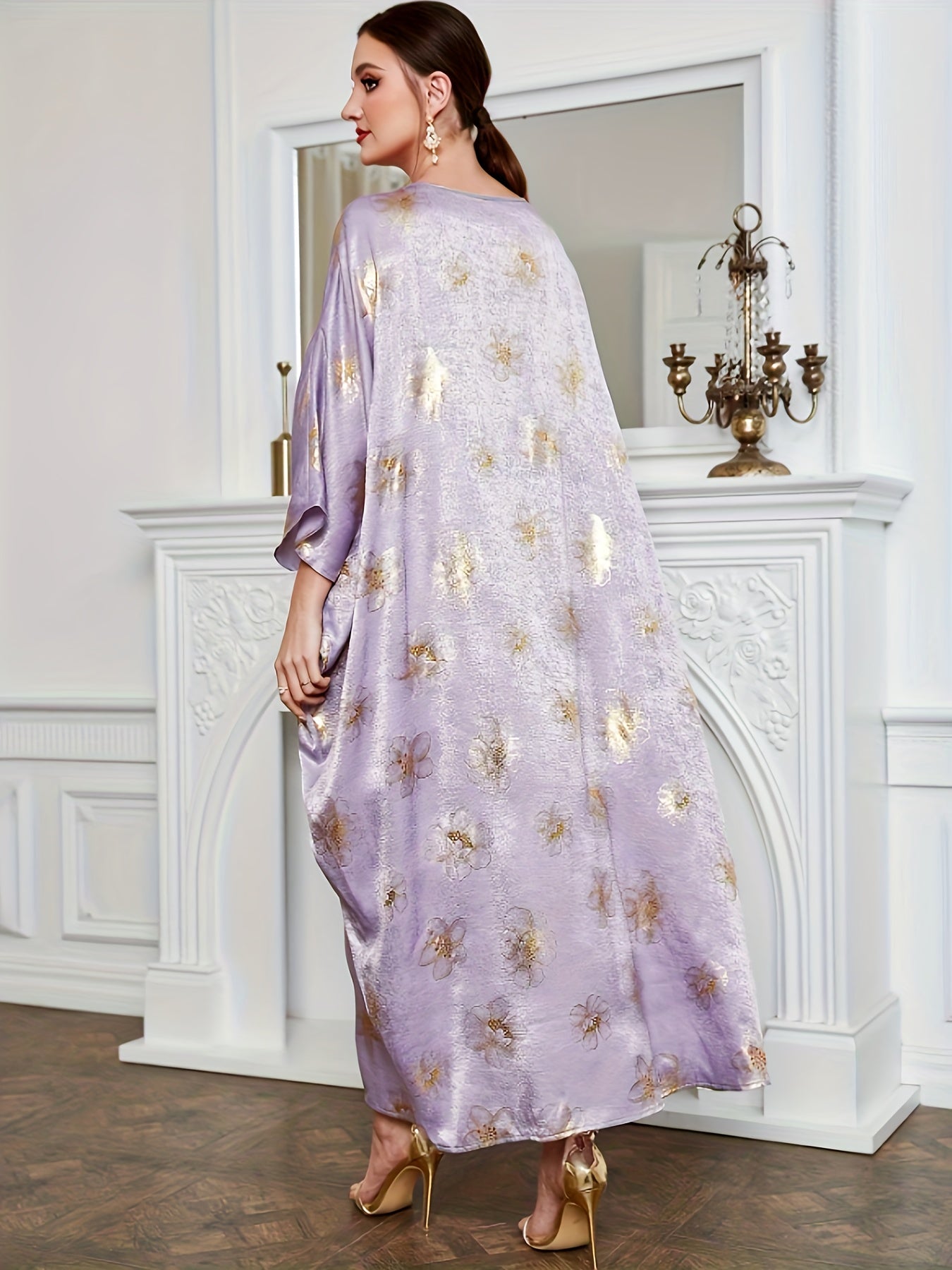 Antmvs Floral Pattern Crew Neck Kaftan Abaya, Elegant Batwing Sleeve Maxi Dress, Women's Clothing