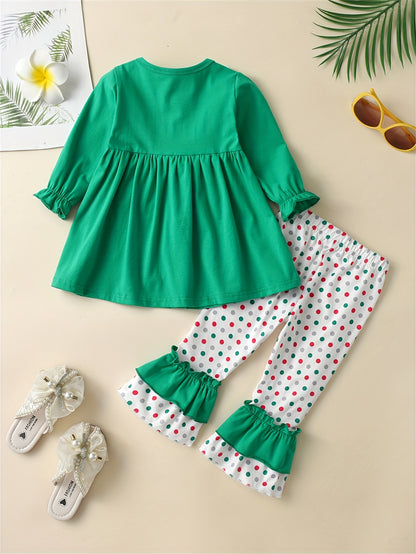 2pcs Girl's Santa Patched Outfit, Peplum Top & Polka Dots Pattern Flared Pants Set, Toddler Kid's Outdoor Clothes For Spring Fall