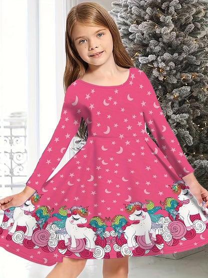 Kids Sweet Girls Christmas Tree Print Crew Neck Dress for Christmas Halloween Gift