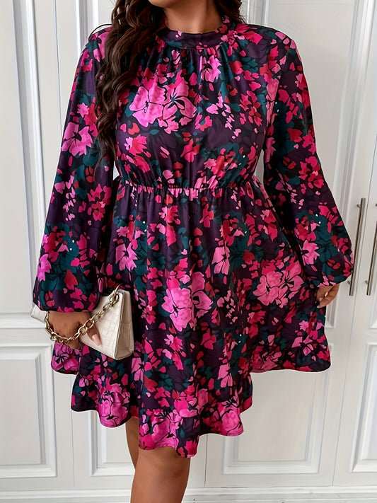 Antmvs Plus Size Casual Dress, Women's Plus Floral Print Lantern Sleeve Round Neck Smock Dress