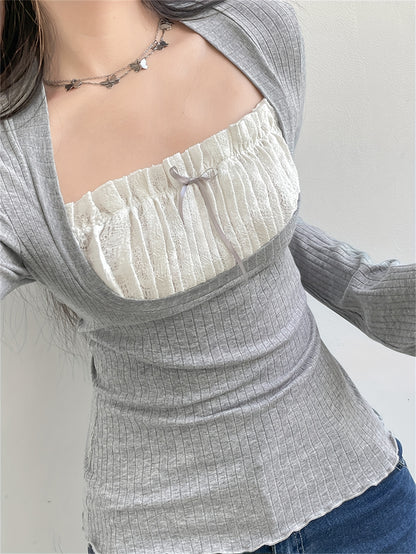 Antmvs Pleated Lace Stitching Ribbed T-Shirt, Casual Long Sleeve Top For Spring & Fall, Women's Clothing