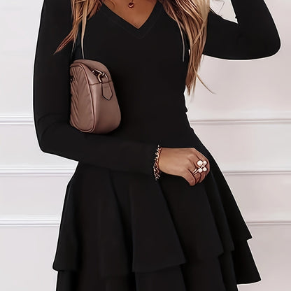 Antmvs Solid Layered Dress, Casual V Neck Long Sleeve Dress, Women's Clothing