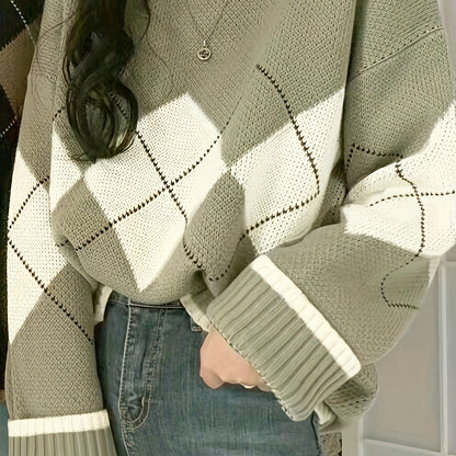 Antmvs Argyle Pattern Crew Neck Pullover Sweater, Vintage Long Sleeve Loose Sweater, Women's Clothing