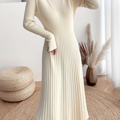 Antmvs Solid Color Long Sleeve Knit Dress, Chic Crew Neck A-line Dress For Fall & Winter, Women's Clothing