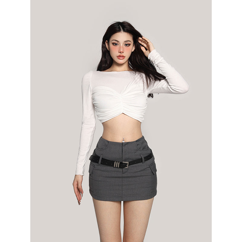 Antmvs Lizzie Solid Color White Twist Long-sleeved Cropped Top