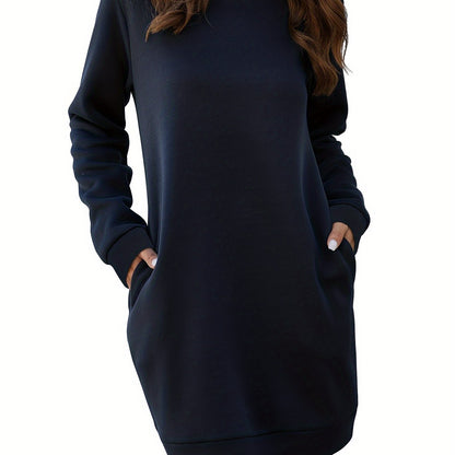 Antmvs Plus Size Long Sleeve Round Neck Tee Dress, Women's Plus Medium Stretch Elegant Tee Midi Dress