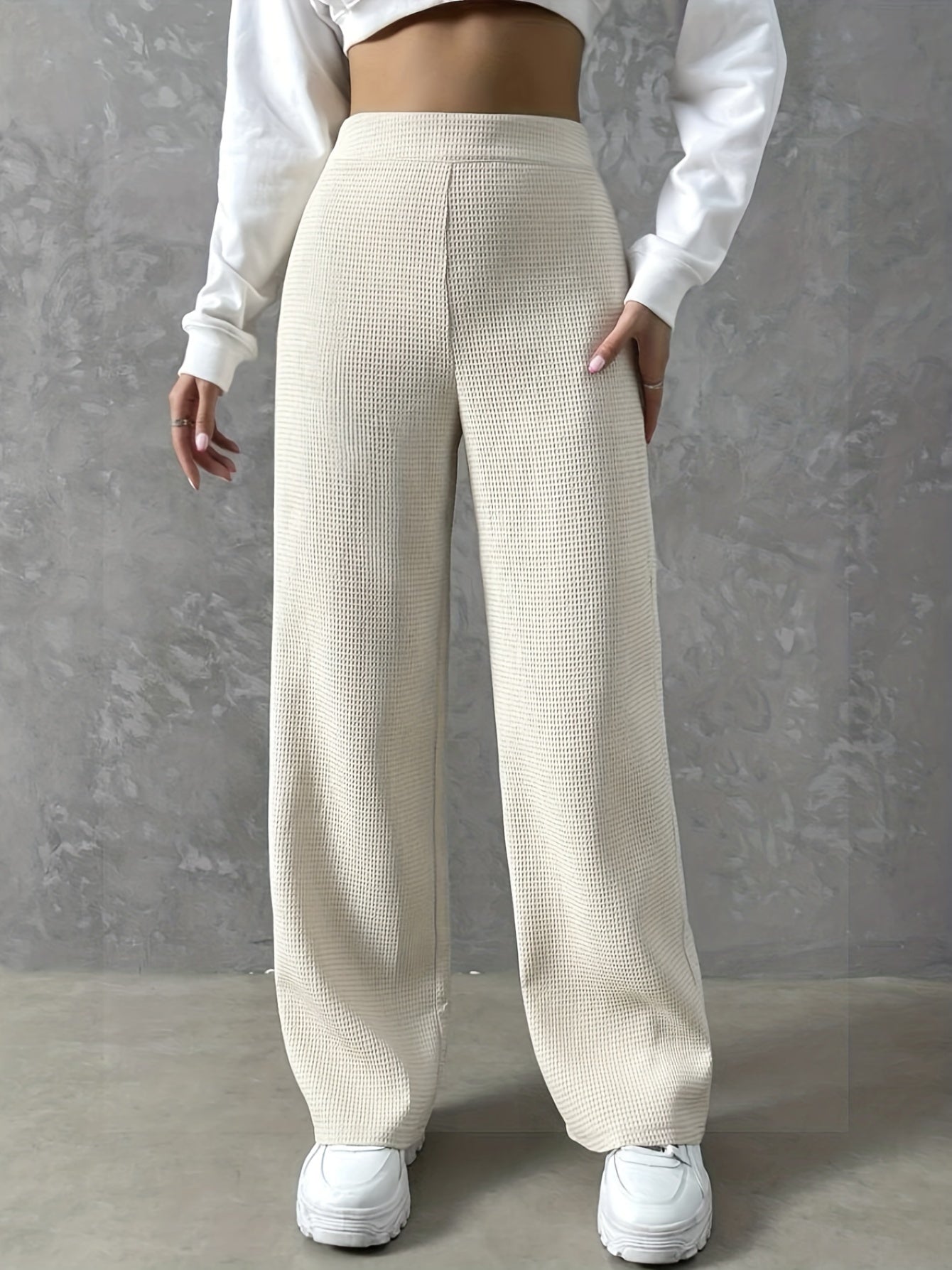 Antmvs Solid Textured High Waist Pants, Casual Wide Leg Comfy Pants, Women's Clothing