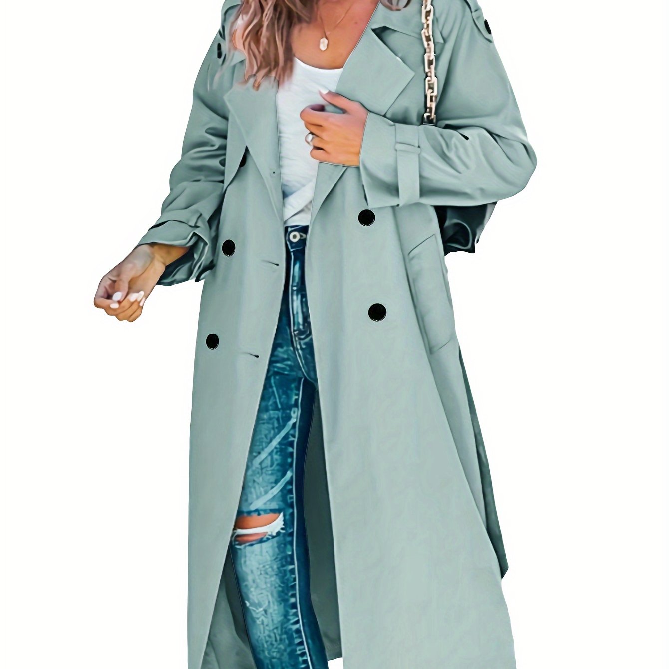 Antmvs Double Breasted Solid Trench Coat, Casual Long Sleeve Mid Length Outerwear, Women's Clothing