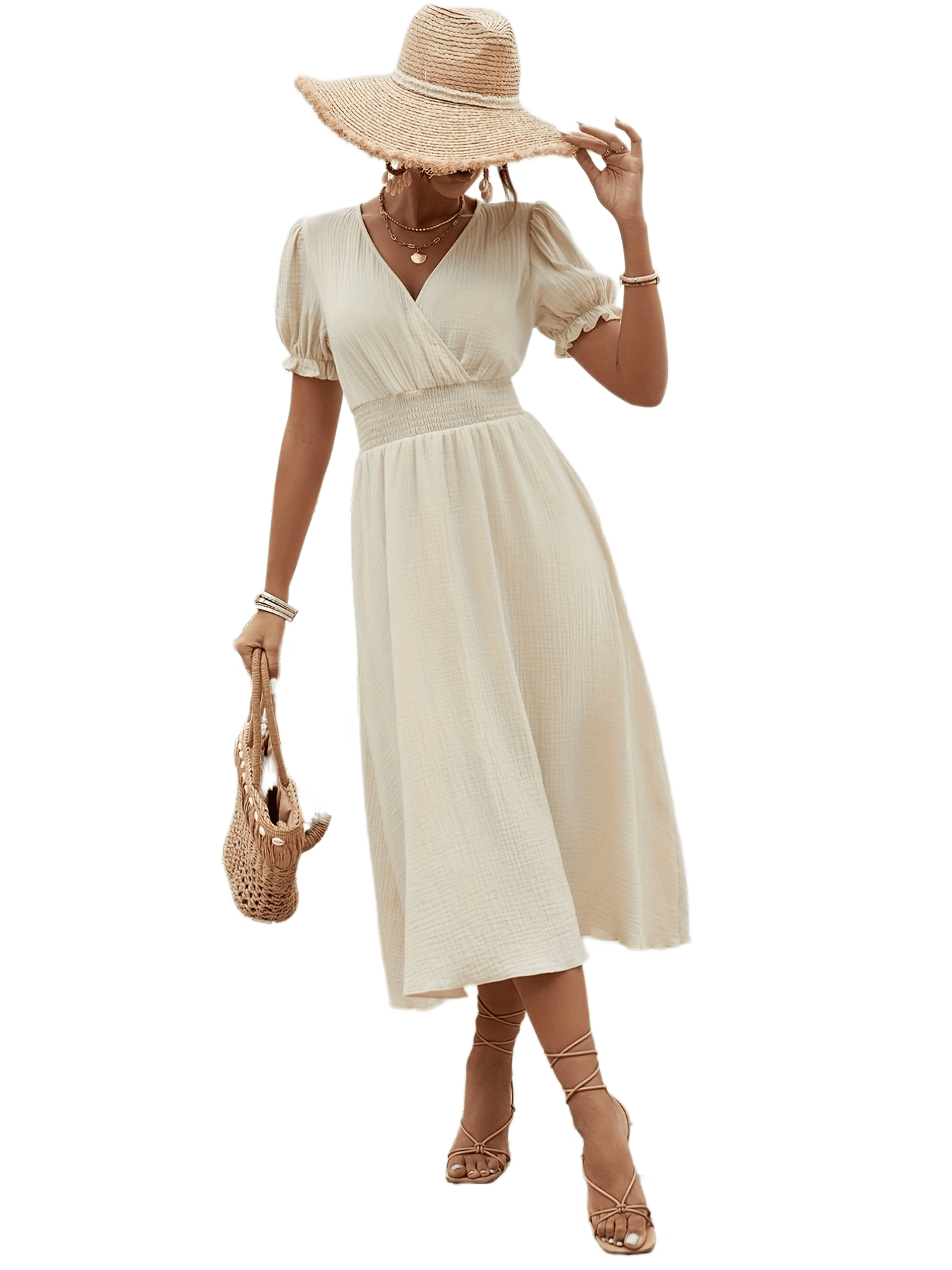 Antmvs Shirred Waist Surplice Neck Dress, Elegant Solid Puff Sleeve Dress, Women's Clothing