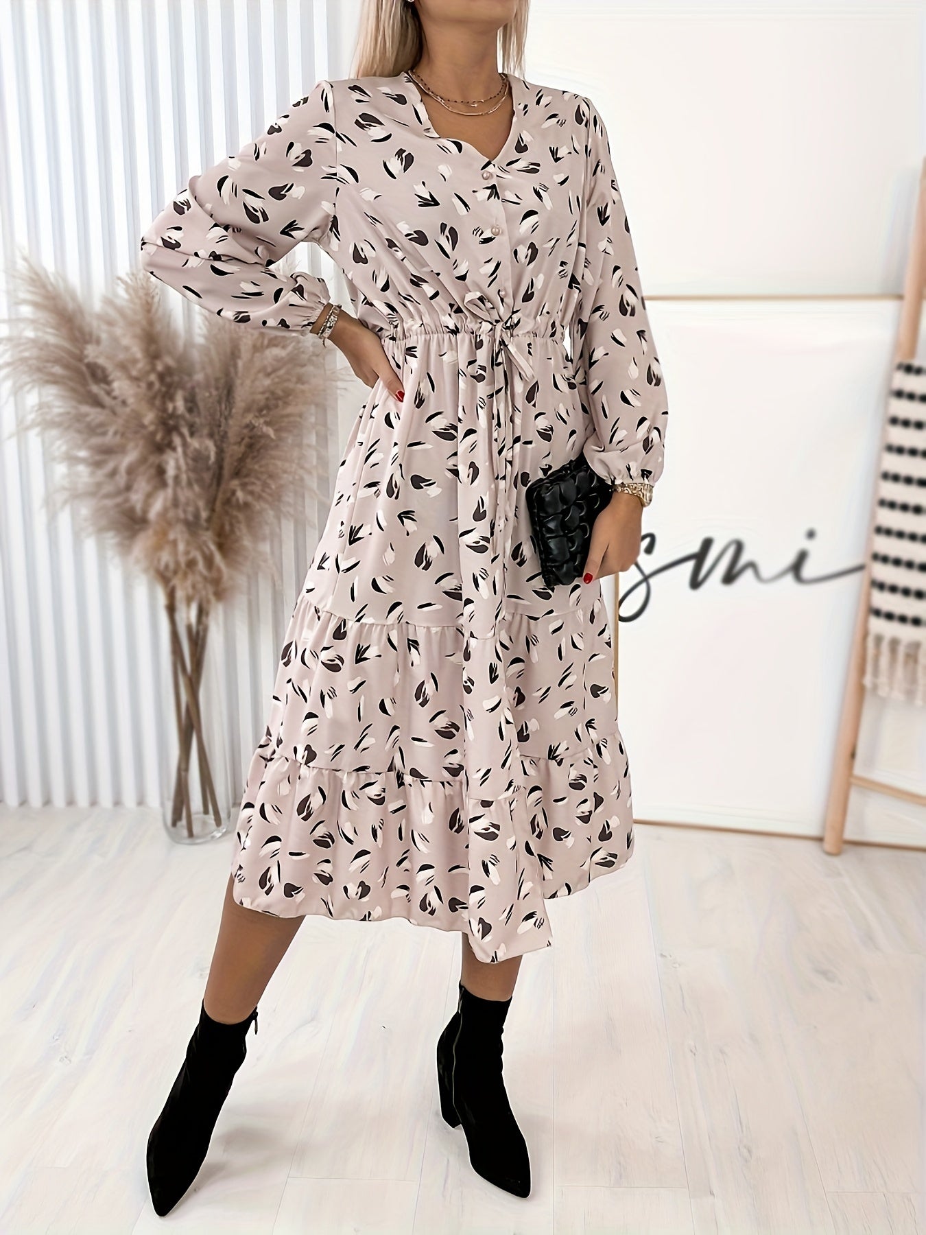 Antmvs Plus Size Casual Dress, Women's Plus Floral Print Long Sleeve V Neck Tie Front Nipped Waist Dress