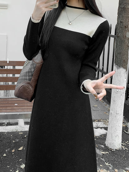 Antmvs Contrast Trim Midi Dress, Casual Long Sleeve Dress For Spring & Fall, Women's Clothing