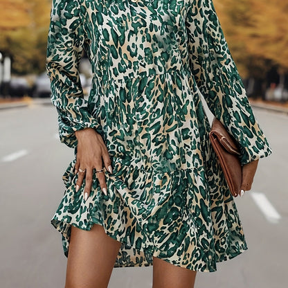 Antmvs Allover Print Above Knee Dress, Elegant Crew Neck Long Sleeve Dress, Women's Clothing