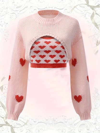Antmvs Y2K Heart Print Two-piece Set, Cropped Long Sleeve Sweater & Sleeveless Knit Cami Top Outfits, Women's Clothing