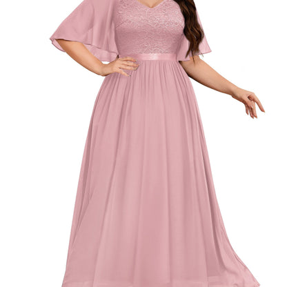 Antmvs Plus Size Elegant Bridesmaid Dress, Women's Plus Contrast Lace Cape Sleeve V Neck Flowy Formal Evening Dress