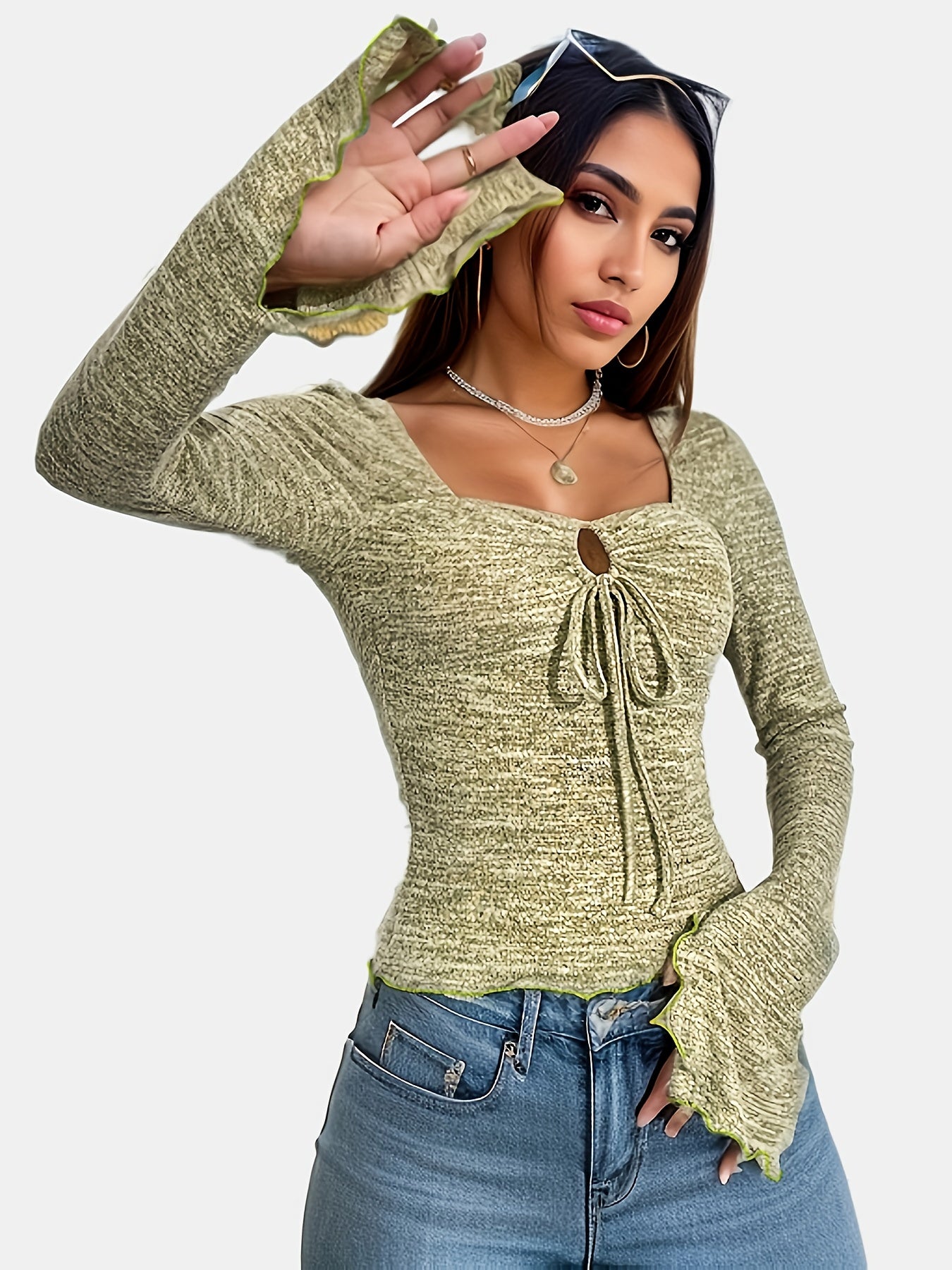 Antmvs Solid Drawstring Neck Tee, Y2K Long Sleeve Cut Out T-shirt, Women's Clothing