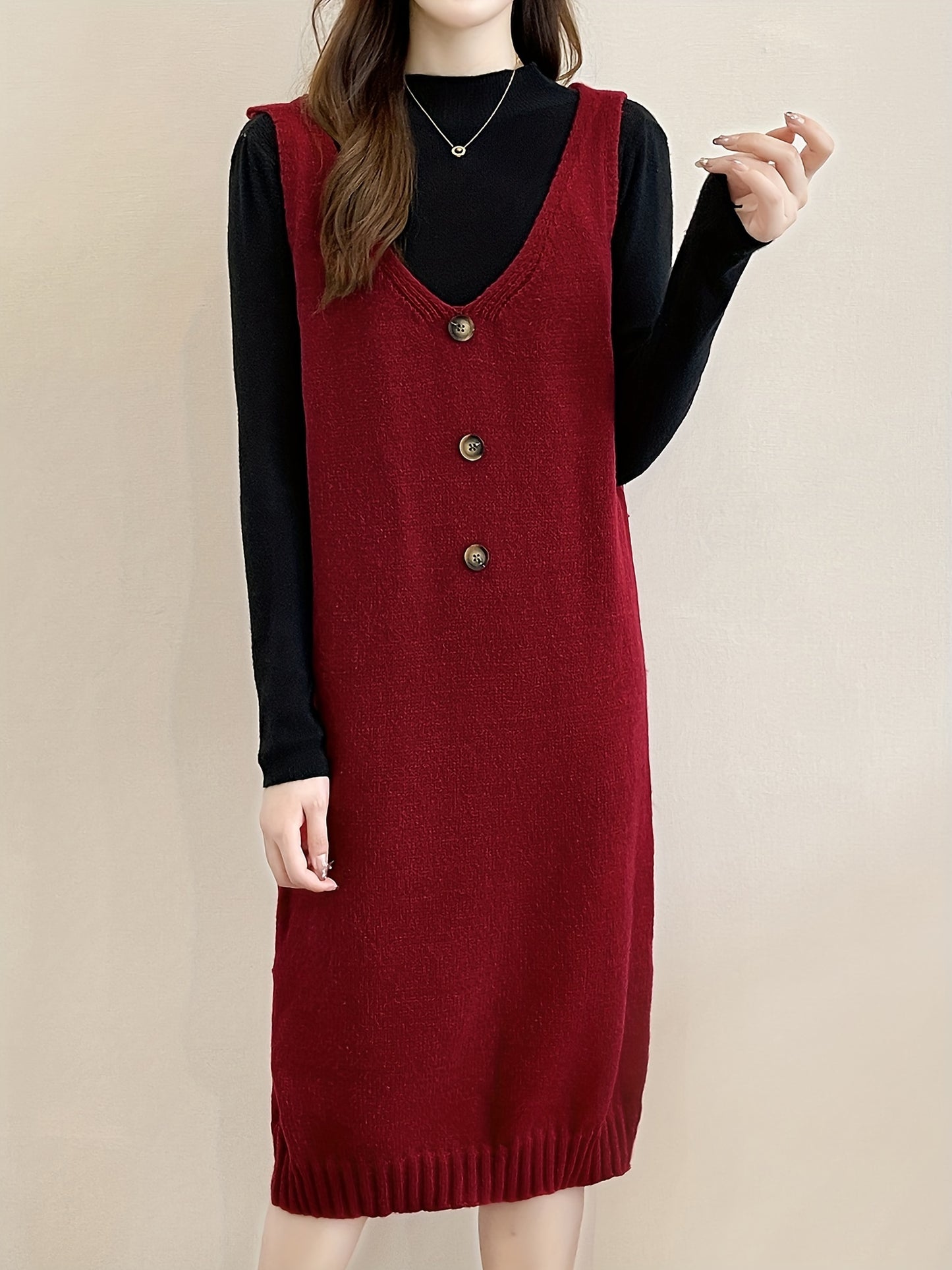 Antmvs Plunging Solid Midi Dress, Elegant Sleeveless Knitted Dress With Buttons, Women's Clothing