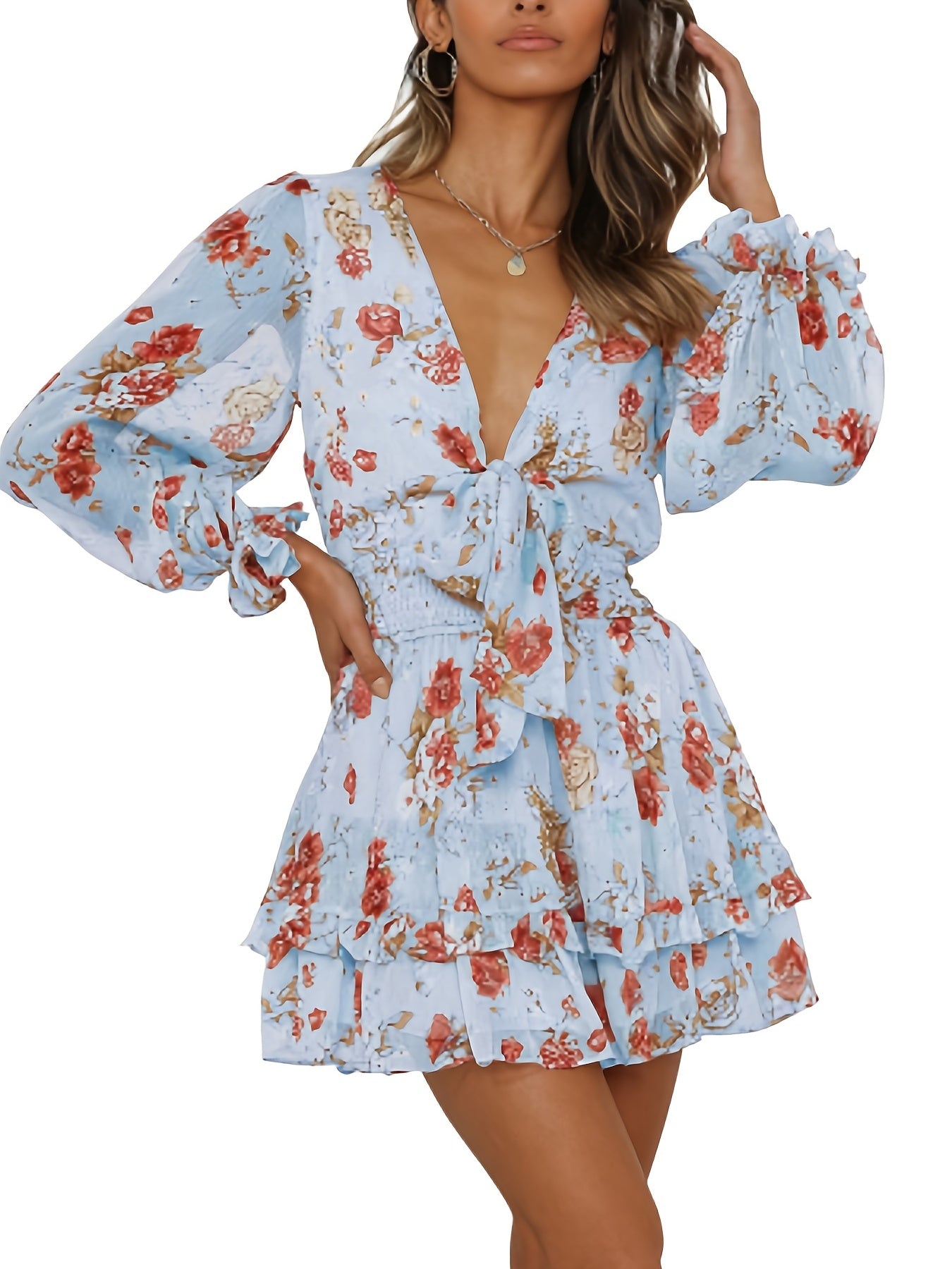 Antmvs Floral Print Layered Hem Dress, Elegant V-neck Shirred Waist Dress, Women's Clothing