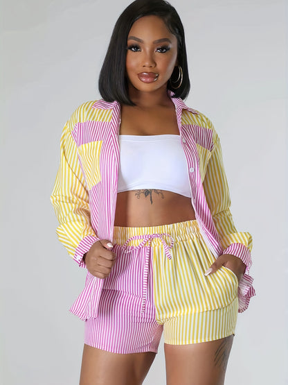 Antmvs Color Block Two Piece Set, Casual Striped Button Front Shirt & Drawstring Shorts For Spring & Summer, Women's Clothing