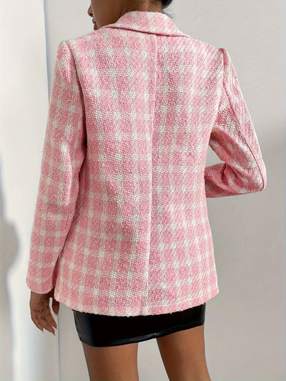 Antmvs Plaid Pattern Button Front Blazer, Elegant Long Sleeve Lapel Outwear, Women's Clothing