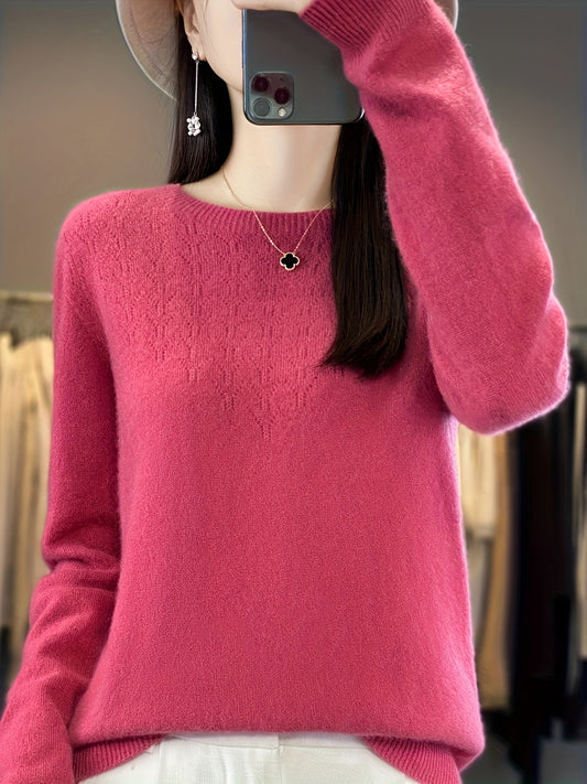 Antmvs Solid Crew Neck Wool Sweater, Casual Long Sleeve Cozy Basic Sweater, Women's Clothing