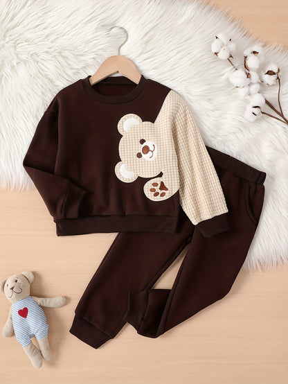 2pcs Boy's Bear Embroidered Pullover Outfit, Sweatshirt & Sweatpants With Pockets Set, Casual Long Sleeve Top, Kid's Clothes For Spring Fall Winter, As Gift