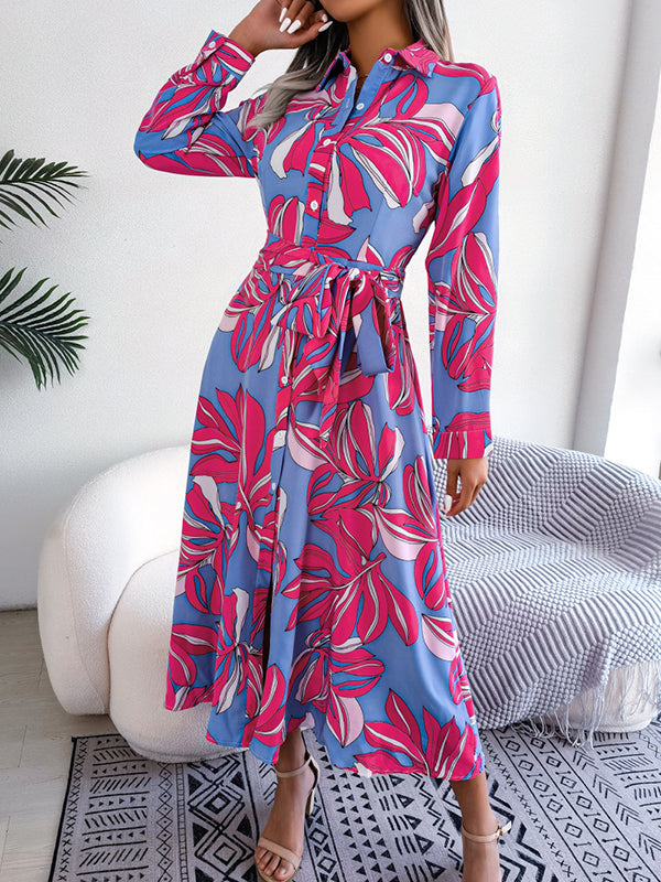 Antmvs Tied Waist Split-Joint Printed Loose Long Sleeves Lapel Shirt Dress