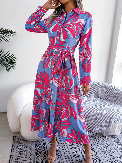 Antmvs Tied Waist Split-Joint Printed Loose Long Sleeves Lapel Shirt Dress