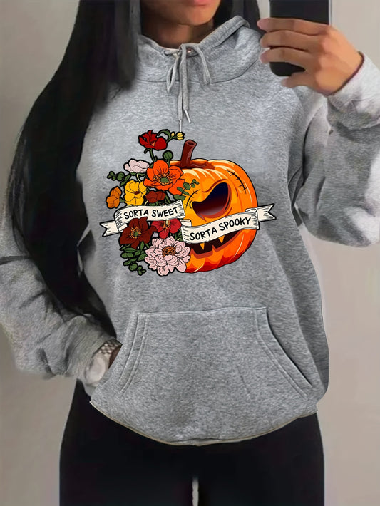 Antmvs Plus Size Halloween Casual Sweatshirt, Women's Plus Floral & Letter & Pumpkin Print Long Sleeve Drawstring Hooded Sweatshirt With Pockets