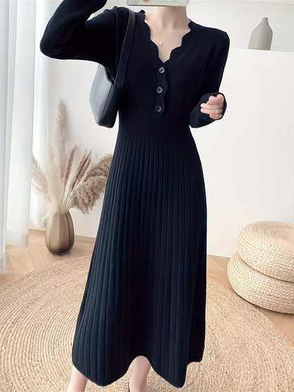 Antmvs Ribbed Solid Sweater Dress, Casual V Neck Long Sleeve Midi Dress, Women's Clothing