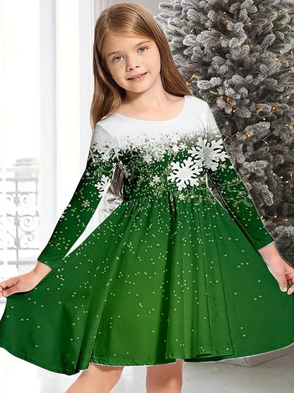 Christmas Party Snowflake Long Sleeve Dress for Girls - 3D Print Graphic, Festive Holiday Outfit, Comfortable Kids Clothes for Winter Season