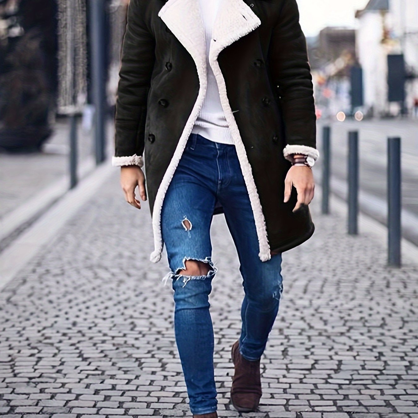 Winter Men Casual Coat, Long Sleeve Fleece Lapel Thick Warm Fluffy Jacket Outerwear