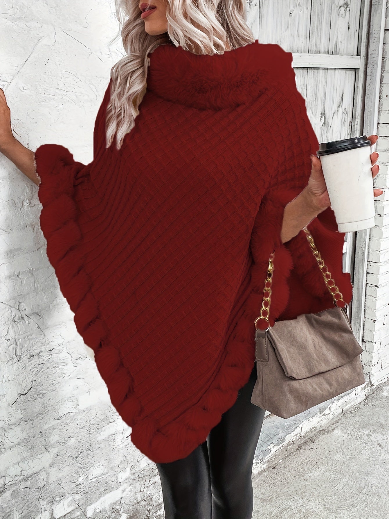 Antmvs Fur-Trim Hanky Hem Pullover Sweater, Elegant Long Sleeve Turtle Neck Sweater For Winter, Women's Clothing